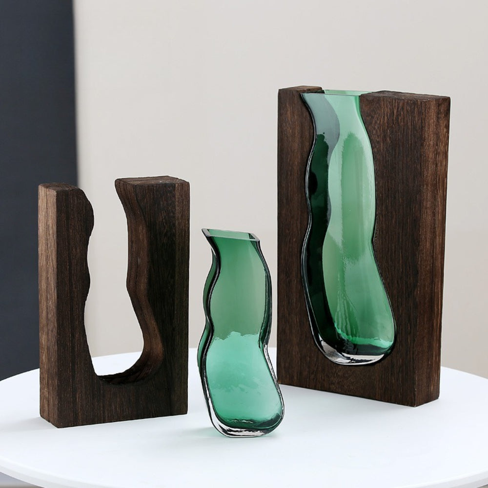 Novara Live Edge Wood & Glass Flower Vase - Modern Decorative Tabletop Centerpiece