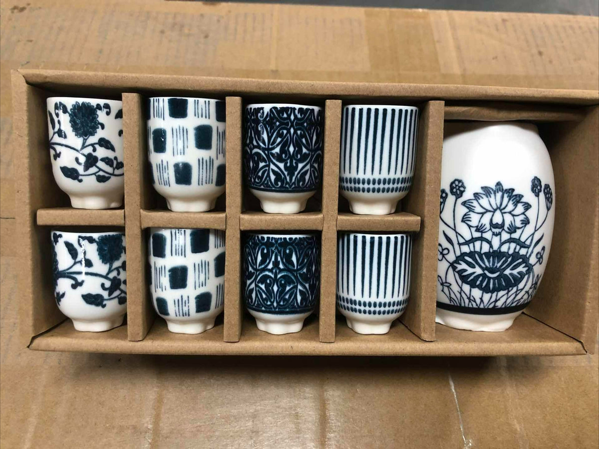 Novara Japanese Ceramic Sake Set with 8 Traditional Ochoko Cups