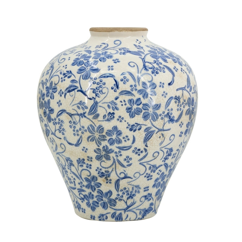 Novara Hand-Painted Blue & White Ceramic Floral Vase - Rustic Farmhouse Decor