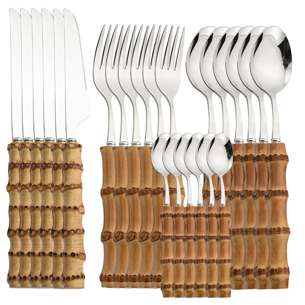 Novara 24 Piece Stainless Steel Bamboo Handle Flatware Set