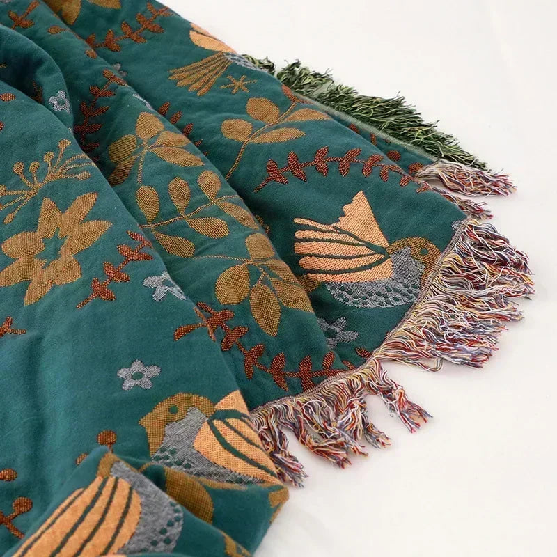 Royora Scandinavian Bird & Floral Reversible Cotton Throw Blanket for Sofa Decor