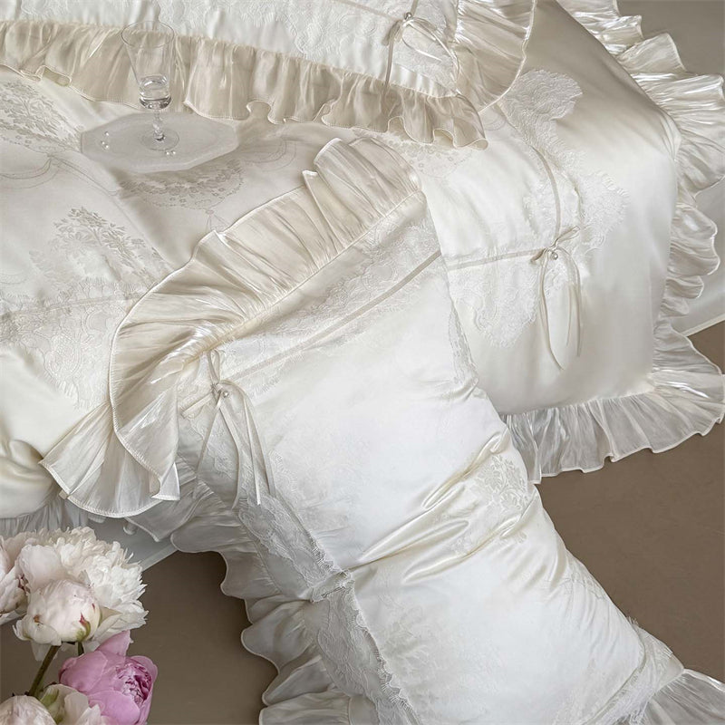 Royeva Luxury 600TC Lyocell Jacquard Bedding Set With Lace Embroidery & Ruffles