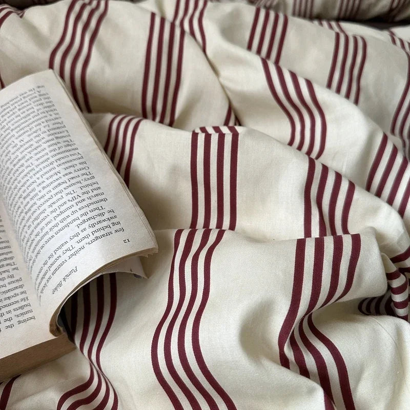 Novara Vintage Striped Cotton Bedding Set With Duvet Cover And Flat Sheet