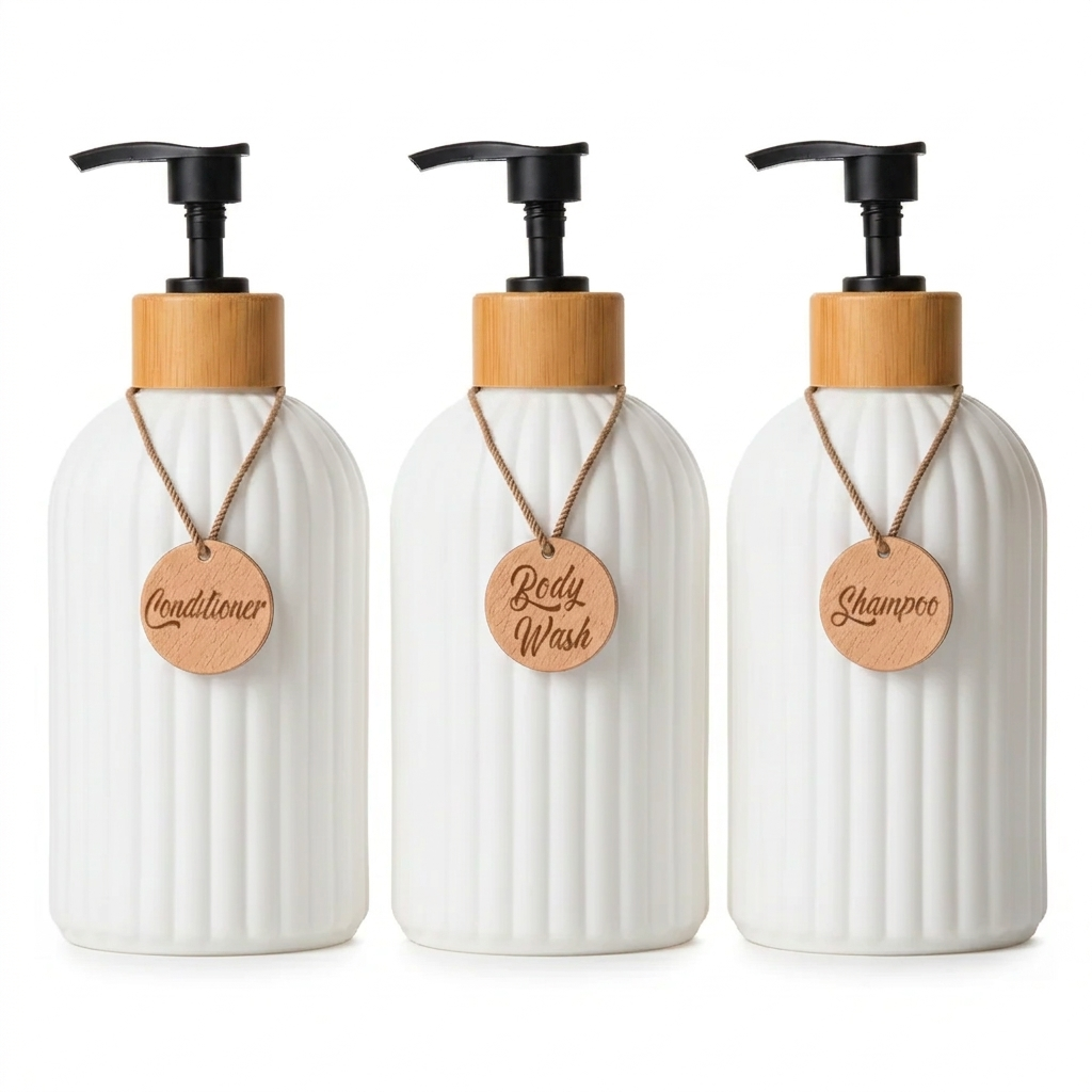 Refillable Shampoo Bottle Set with Pump Dispensers – 3-Piece Black and White Bathroom Organizer 6