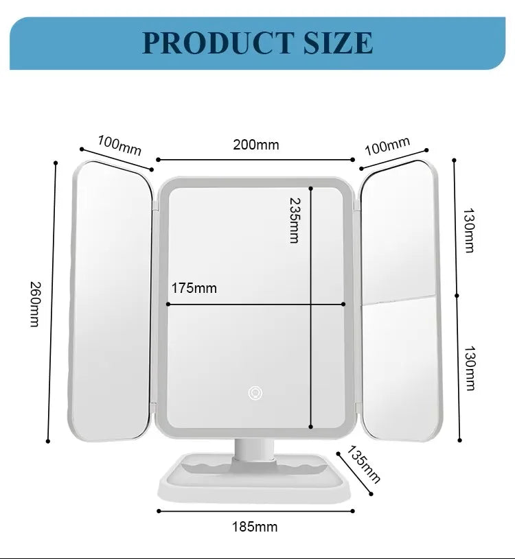 Novara Rectangular LED Vanity Mirror with 3 Lighting Modes, Foldable Design