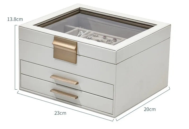 Novara White 3-Tier Jewelry Box Organizer with Glass Top, 19 Compartments & Velvet Lining
