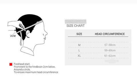 Head size chart with a diagram of head measurement and corresponding size labels.