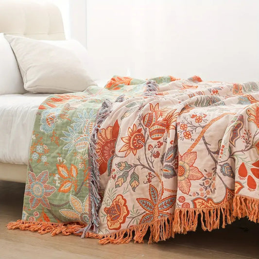 100% Cotton Boho Floral Throw Blanket (Machine Washable) 0