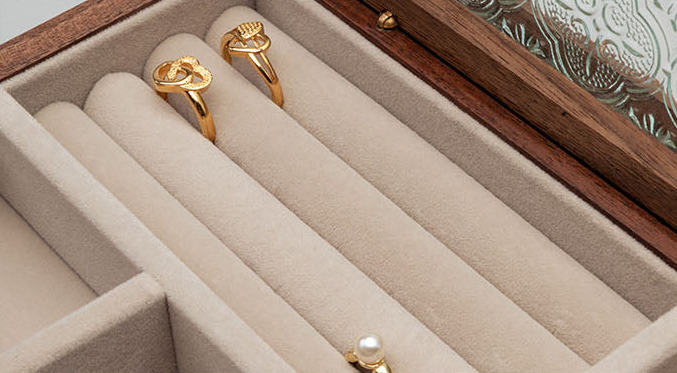 Royora Natural Wood Jewelry Box with Textured Glass Lid, Velvet Lined Storage & Compartments
