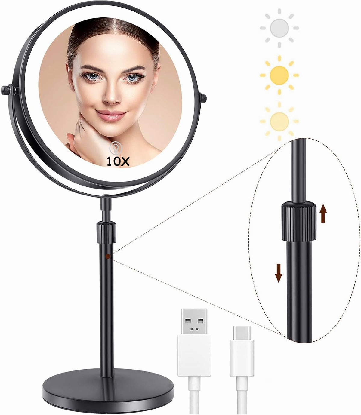 Royeva Lighted Makeup Mirror With 10X Magnification-Dimmable USB Powered Vanity Mirror