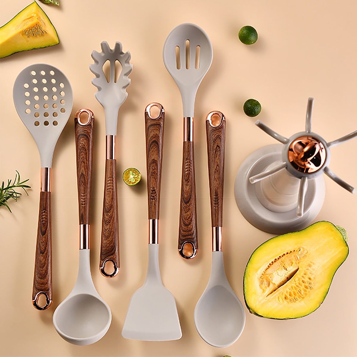 Novara Silicone Utensil Set with Wooden Handles, Heat-Resistant Non-Stick Cookware