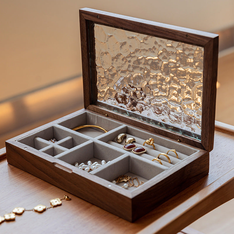 Royora Natural Wood Jewelry Box with Textured Glass Lid, Velvet Lined Storage & Compartments