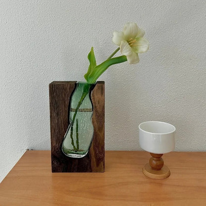Novara Live Edge Wood & Glass Flower Vase - Modern Decorative Tabletop Centerpiece