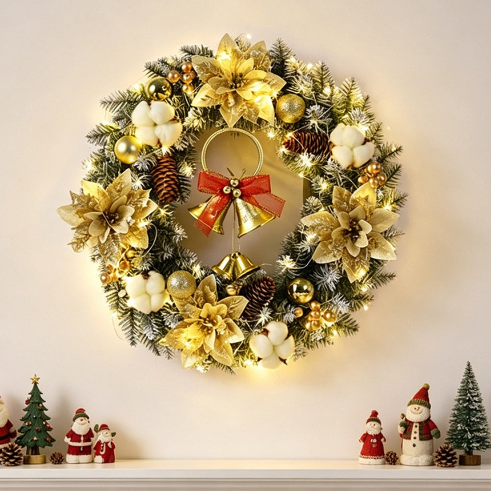 Royeva Lighted LED Christmas Wreath With Bells And Golden Accents For Front Door