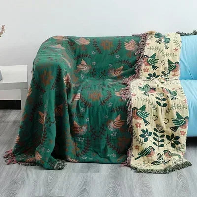 Royora Scandinavian Bird & Floral Reversible Cotton Throw Blanket for Sofa Decor