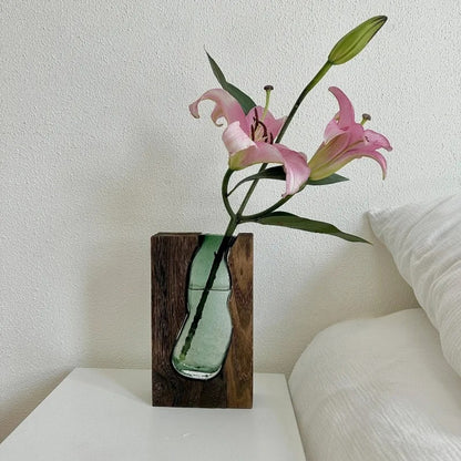 Novara Live Edge Wood & Glass Flower Vase - Modern Decorative Tabletop Centerpiece