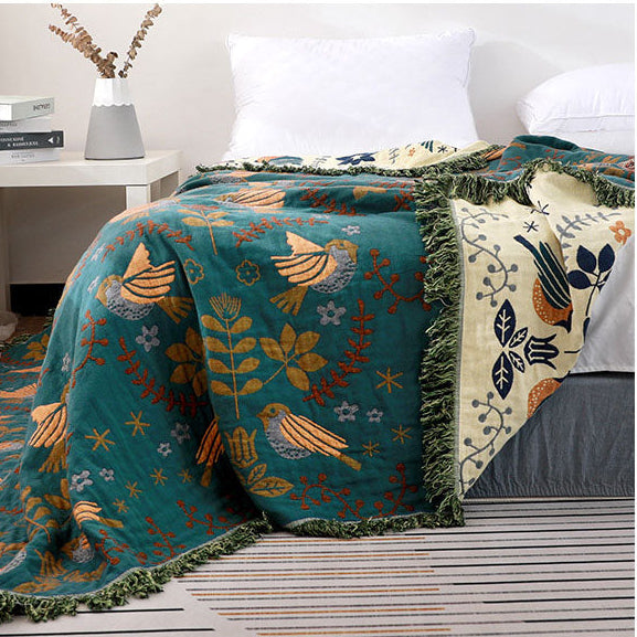 Royora Scandinavian Bird & Floral Reversible Cotton Throw Blanket for Sofa Decor
