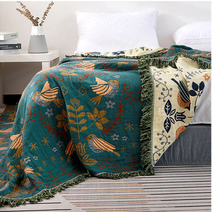 Royora Scandinavian Bird & Floral Reversible Cotton Throw Blanket for Sofa Decor