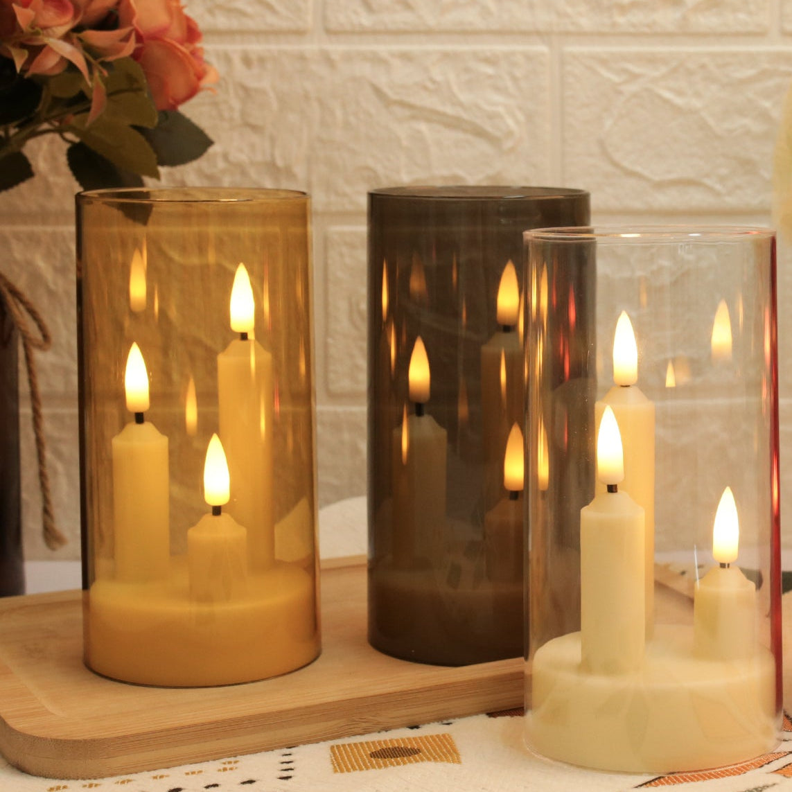 Royelle LED Flameless Candles in Smoked Glass Hurricane Lanterns - Set of 2