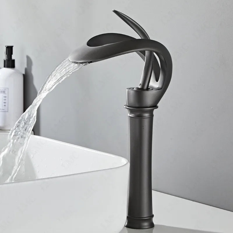Royeva Modern Waterfall Bathroom Sink Faucet, Single Handle Matte Gray Basin Mixer Tap