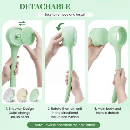 Royeva Electric Body Scrubber-Waterproof Long Handle Bath Brush with 4 Heads