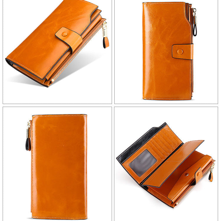Royelle Genuine Leather Trifold Wallet For Women-Vintage Oil Wax Clutch Purse Brown