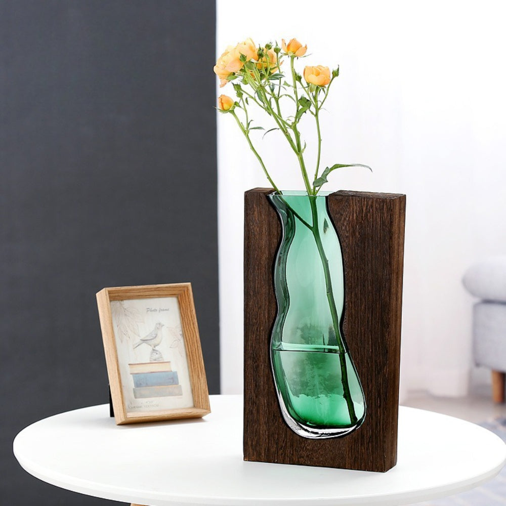 Novara Live Edge Wood & Glass Flower Vase - Modern Decorative Tabletop Centerpiece
