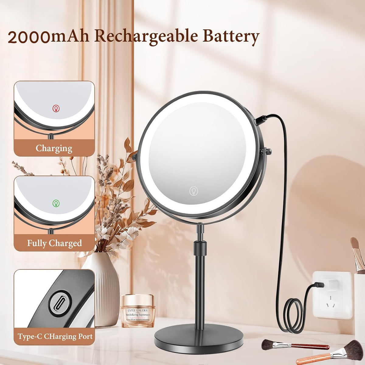 Royeva Lighted Makeup Mirror With 10X Magnification-Dimmable USB Powered Vanity Mirror