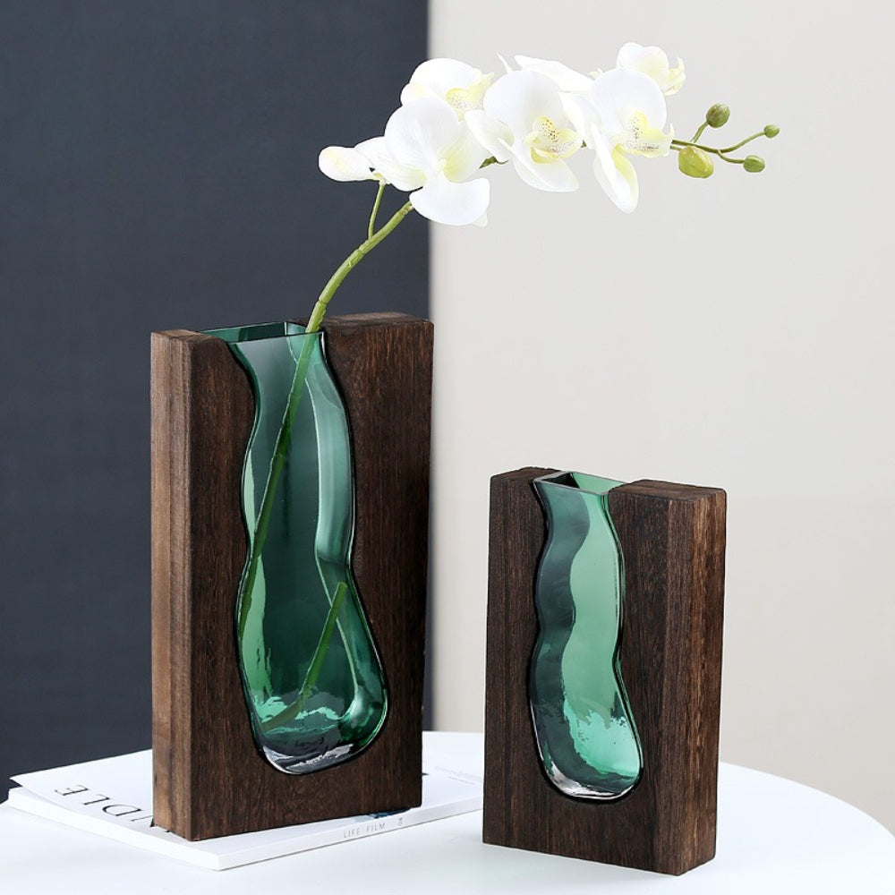 Novara Live Edge Wood & Glass Flower Vase - Modern Decorative Tabletop Centerpiece