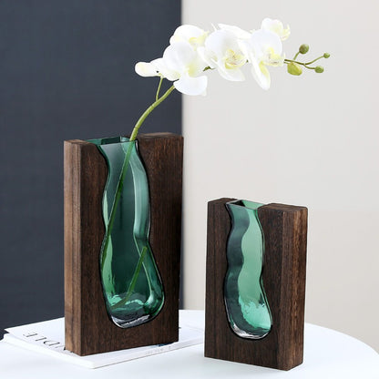 Novara Live Edge Wood & Glass Flower Vase - Modern Decorative Tabletop Centerpiece