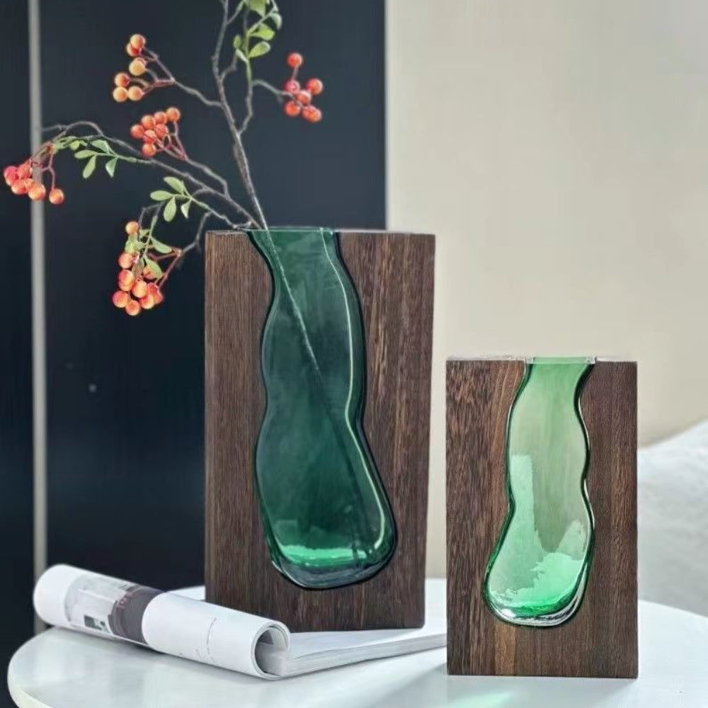 Novara Live Edge Wood & Glass Flower Vase - Modern Decorative Tabletop Centerpiece
