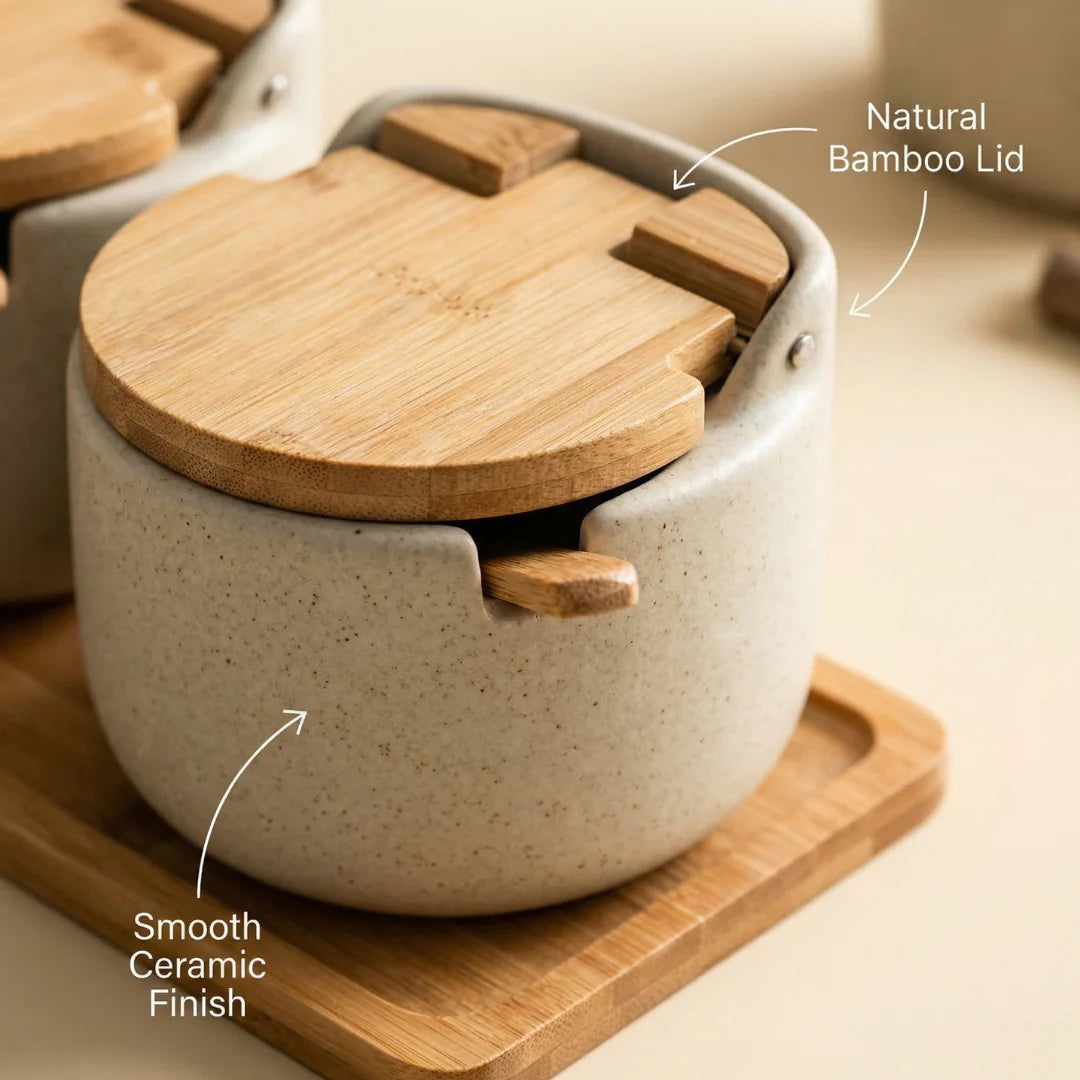 Royeva Ceramic Spice Jars with Bamboo Lid & Spoon, 300ml Kitchen Seasoning Container