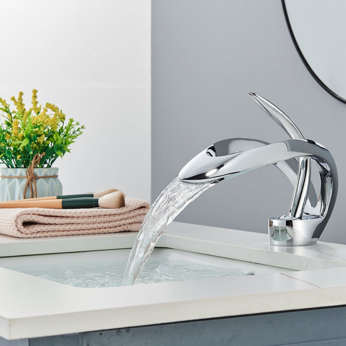 Royeva Modern Waterfall Bathroom Sink Faucet, Single Handle Matte Gray Basin Mixer Tap