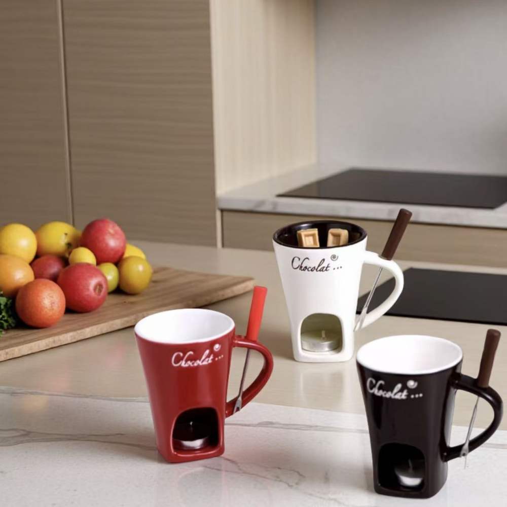 Royeva Ceramic Fondue Set Candle-Heated Chocolate And Cheese Melting Pot