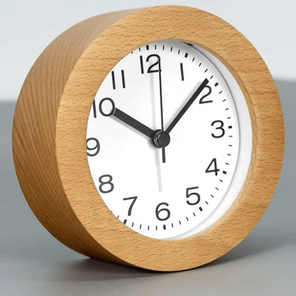 Novara Analog Round Alarm Clock - Compact Beech Wood for Bedside & Desk