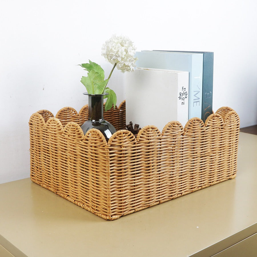 Royeva Woven Scalloped Wicker Storage Basket Set-Natural Home Organization