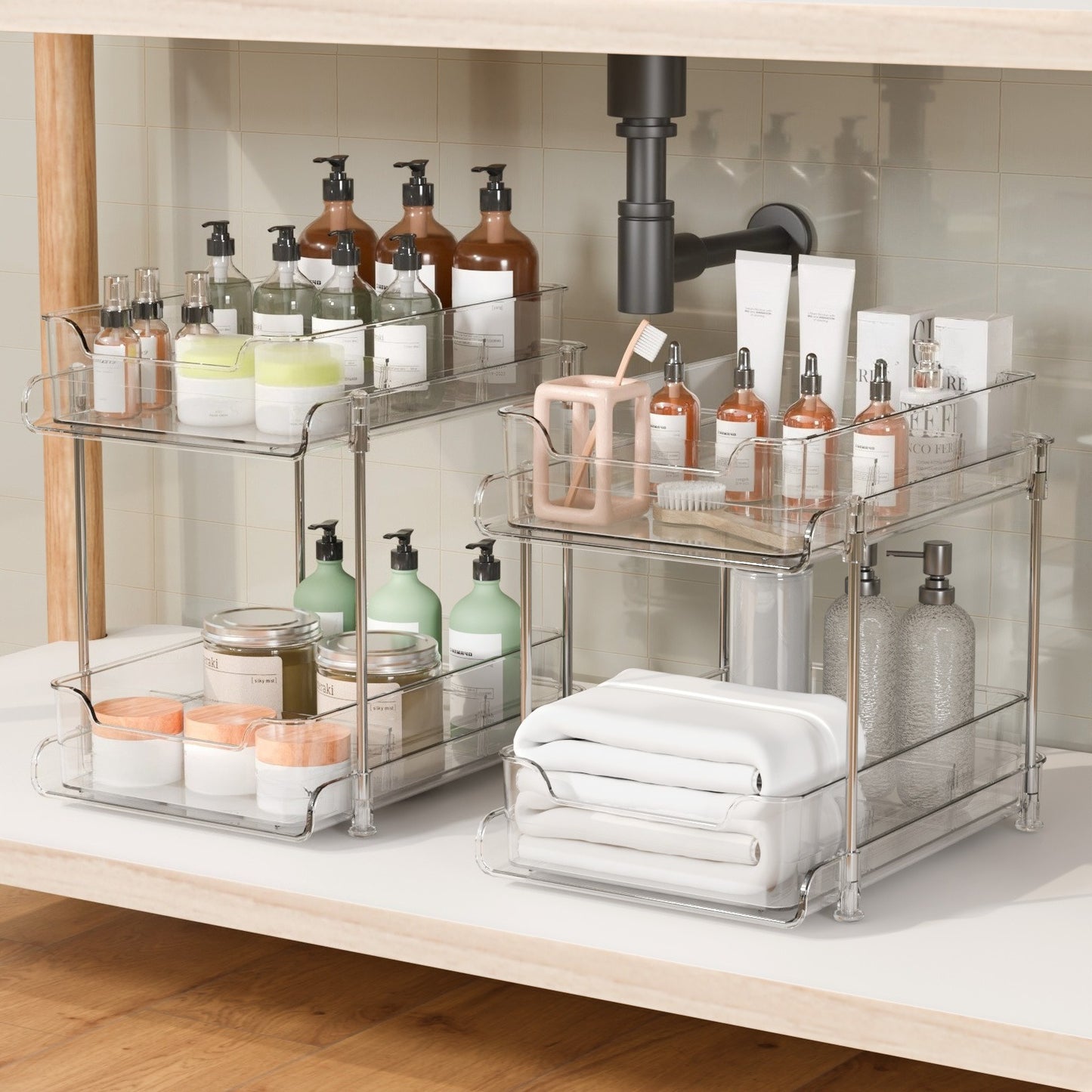 Novara 2-Tier Clear Pull-Out Cabinet Organizer for Under Sink & Pantry Storage