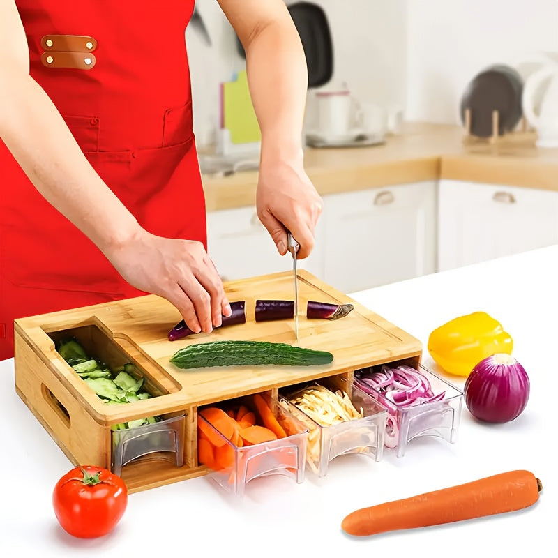 Royeva Bamboo Cutting Board with Storage Trays and Interchangeable Blades