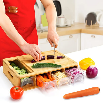 Royeva Bamboo Cutting Board with Storage Trays and Interchangeable Blades