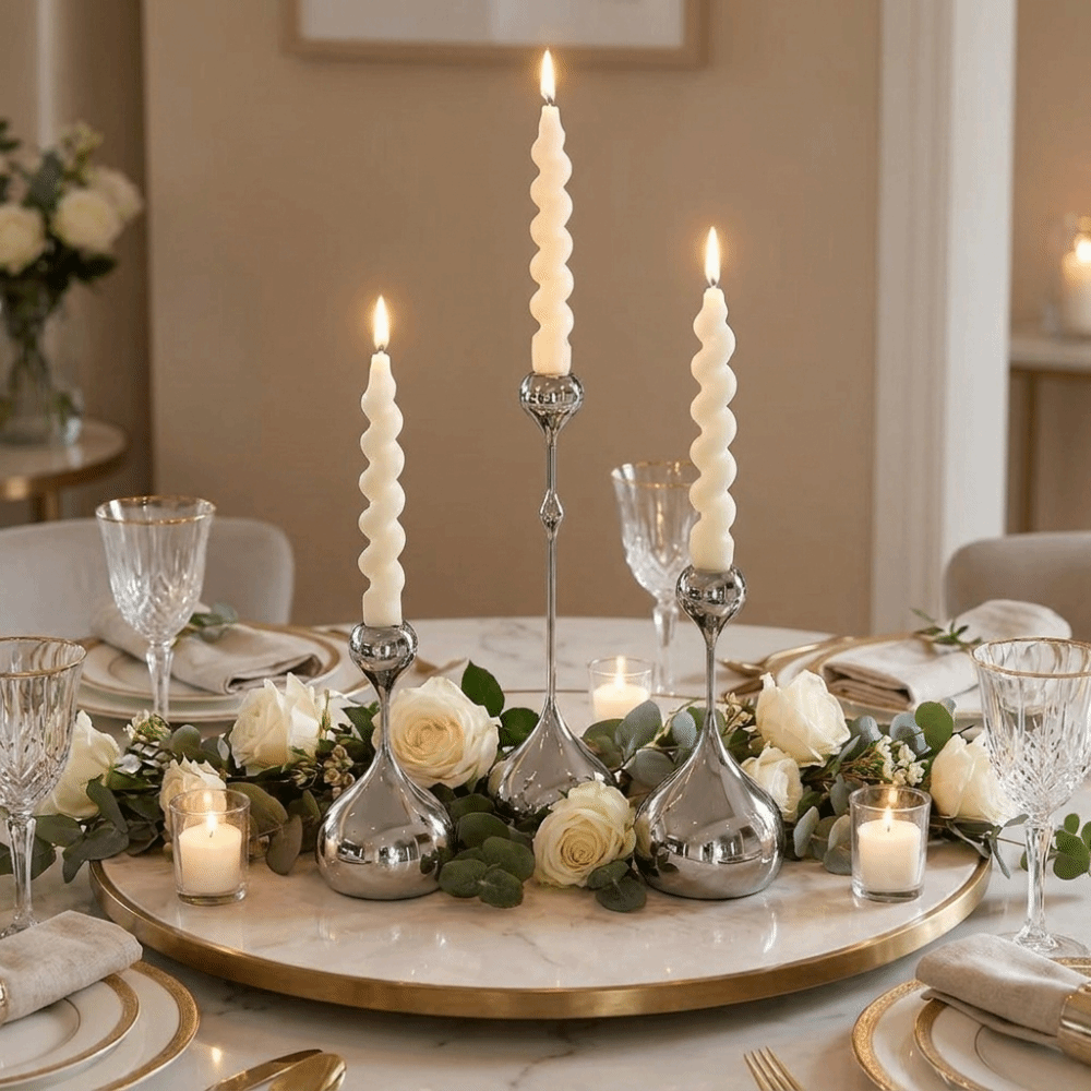 Royeva Modern Silver Candlestick Holder-Elegant Metal Taper Candle Stand Decor