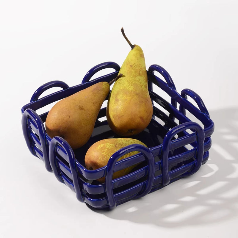 Royeva Modern Geometric Ceramic Fruit Bowl & Bread Basket - Artisanal Red Lattice Design