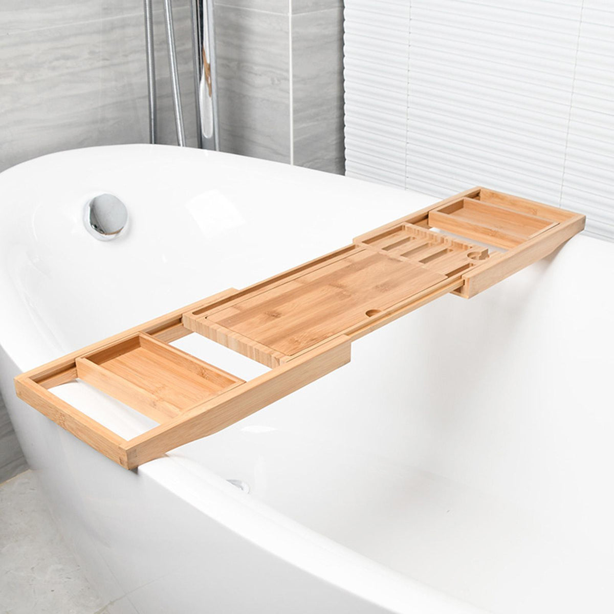 Royora Expandable Bamboo Bathtub Caddy Tray with Book Holder and Wine Glass Slot