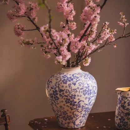 Novara Hand-Painted Blue & White Ceramic Floral Vase - Rustic Farmhouse Decor