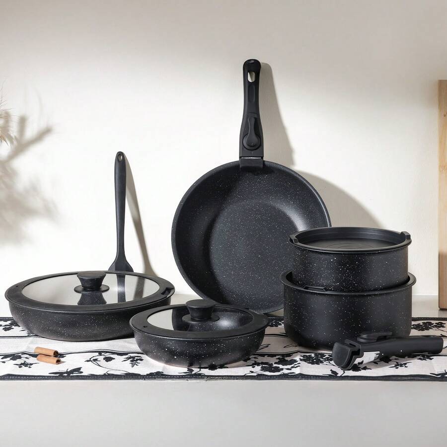 Novara 8-Piece Nonstick Cookware Set with Detachable Handles for Space Saving Storage