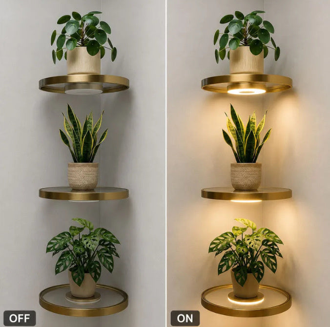 Royeva Round LED Floating Wall Shelf With Warm Lighting For Plants