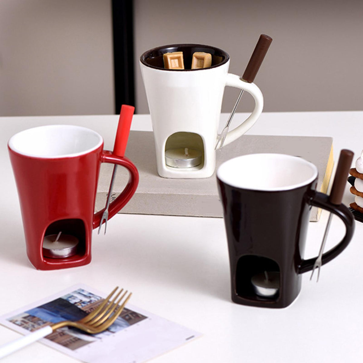 Royeva Ceramic Fondue Set Candle-Heated Chocolate And Cheese Melting Pot
