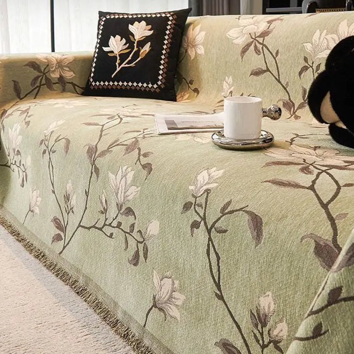 Novara Black Floral Jacquard Sofa Cover with Tassel Trim for Living Room