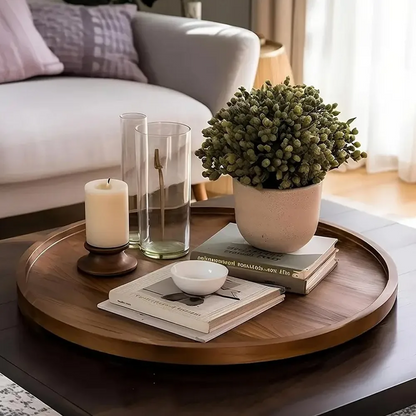 Novara Acacia Wood Serving Tray-Round Decorative Ottoman Tray