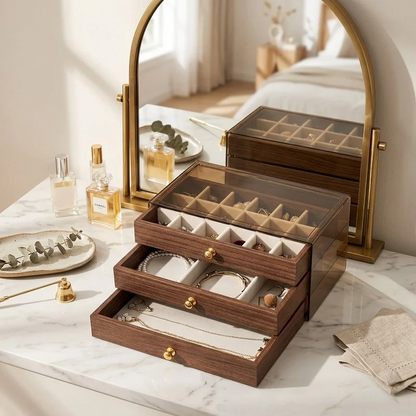 Novara Wooden Jewelry Box with Clear Lid and 3 Drawers for Rings and Bracelets