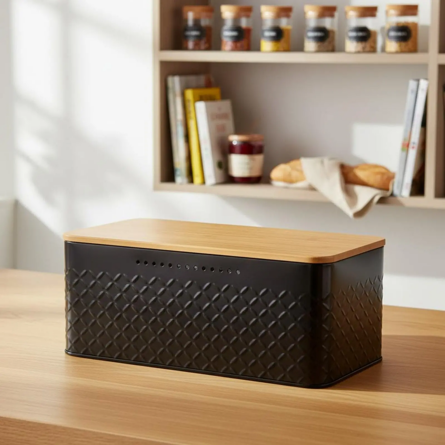 Sovere Metal Bread Box with Bamboo Lid for Fresh Bread Storage and Kitchen Organization